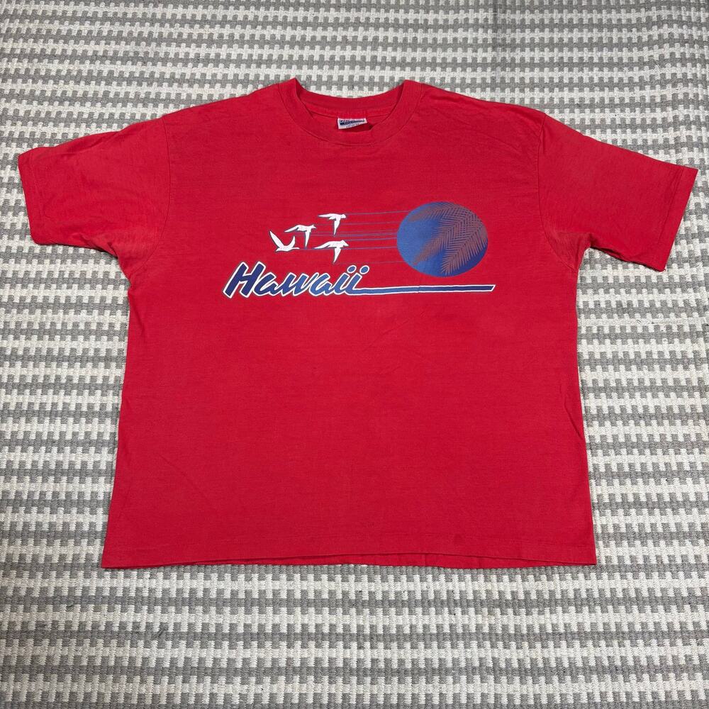 Vintage‎ 80s Hanes Fifty-Fifty Hawaii Graphic T-Shirt Red XXL Single Stitch